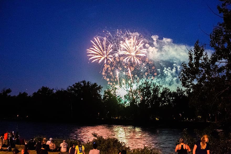 Fireworks, Celebration, River, Nature