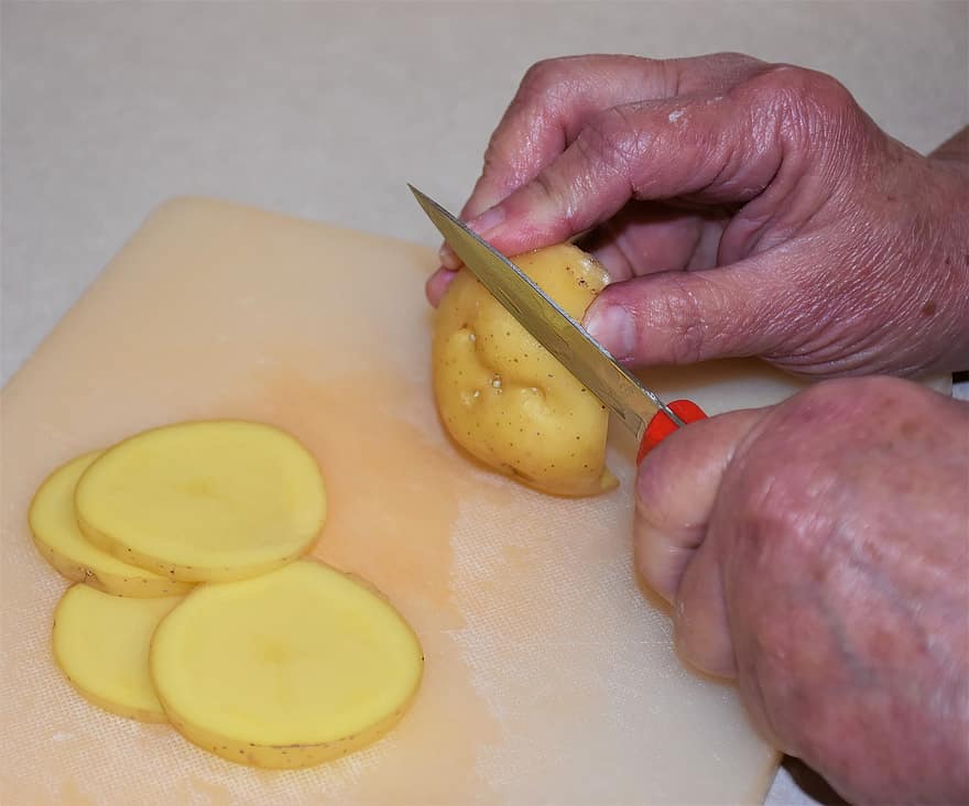 Cooking, Kitchen, Potatoes, food, cutting, human hand, freshness, close-up, slice, vegetable, kitchen knife