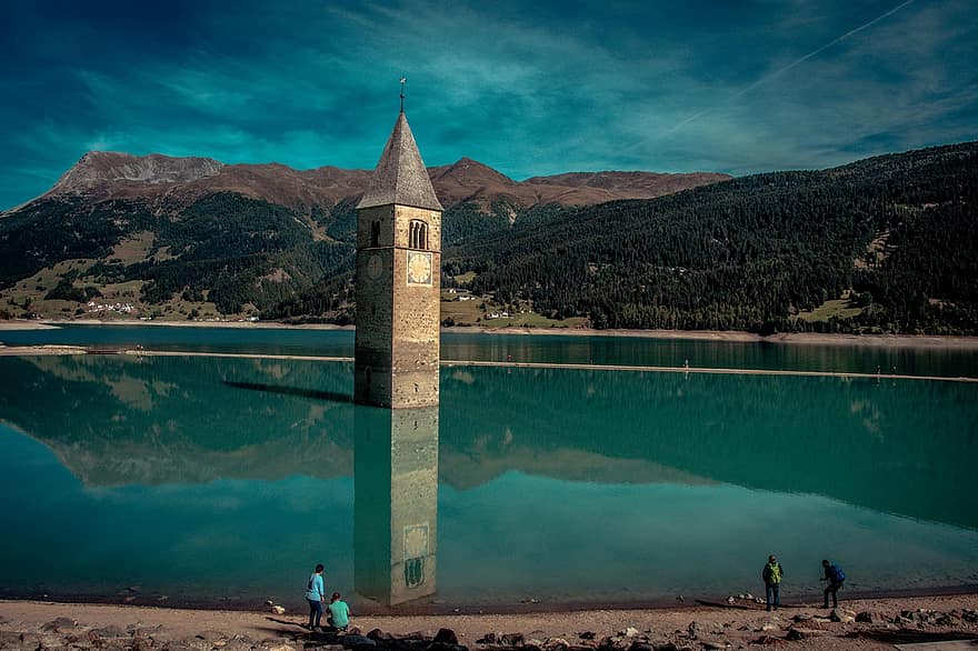 природа, озеро, путешествовать, исследование, на открытом воздухе, небо, облака, Reschensee, церковная башня, юго-Tirol, горное озеро