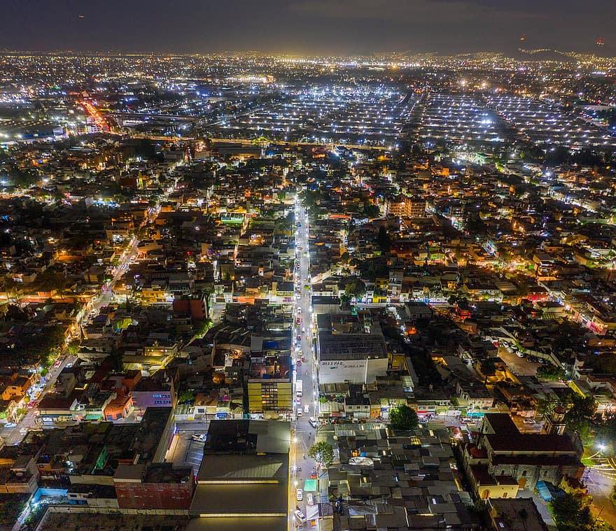 Miasto, podróżować, turystyka, noc, światła, Meksyk, ulica, pejzaż miejski, oświetlony, zmierzch, miejska linia horyzontu