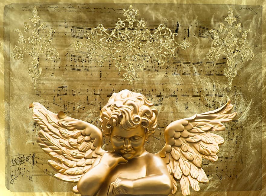 ангел, крило, ангелско лице, злато, фигура на ангел, малък ангел, златист, блясък, орнаменти, заден план, украшение