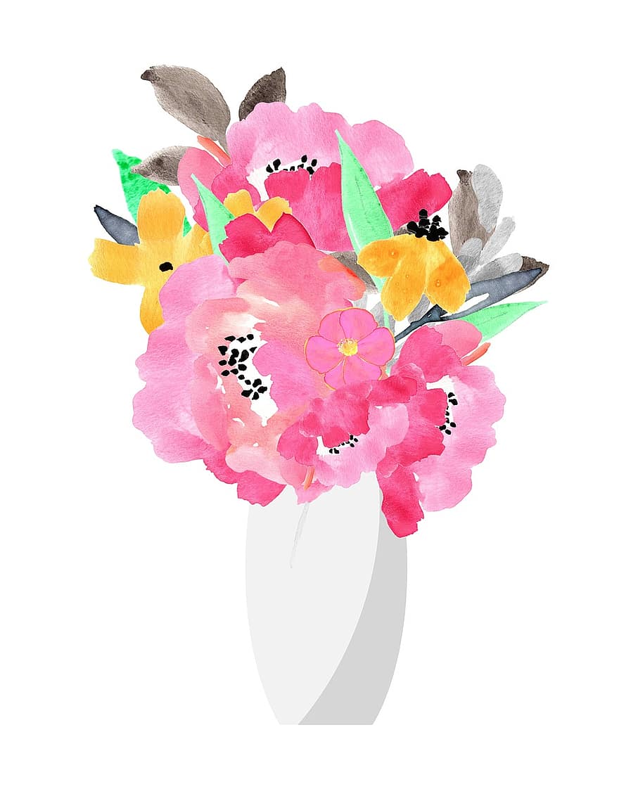 水彩、花瓶、フラワーズ、花束、自家製、可愛い、ピンク、カラフル、春、新鮮な、緑