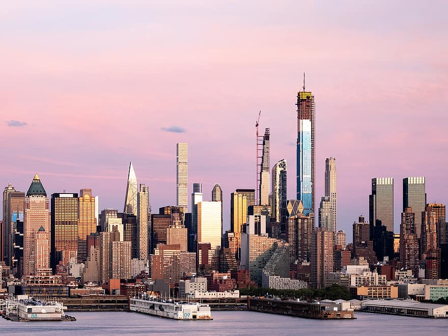 Hudson folyó, napnyugta, Manhattan, város, New York, láthatár, nyc, Egyesült Államok, USA, városkép, felhőkarcoló