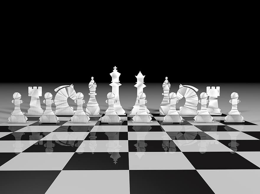 xadrez, borda, As fotos, branco, penhor, partes, 3d, rei, peões brancos