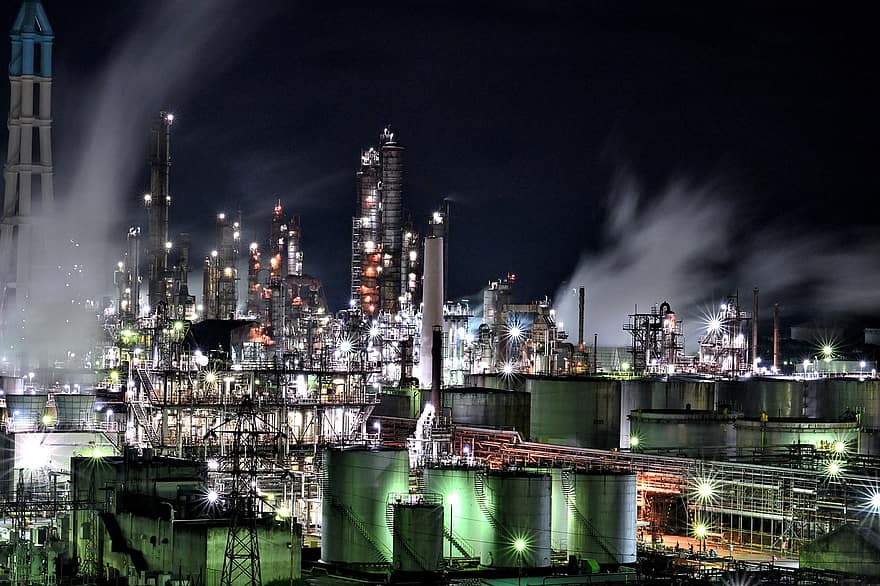 Factory, Industrial, Production, Manufacture, industry, night, fuel and power generation, refinery, pollution, oil industry, environment