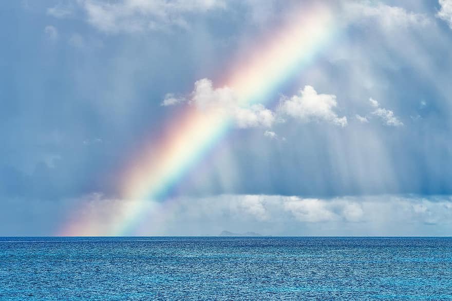 海、虹、降雨、水、地平線、空、雲、海景、自然、風景、天気