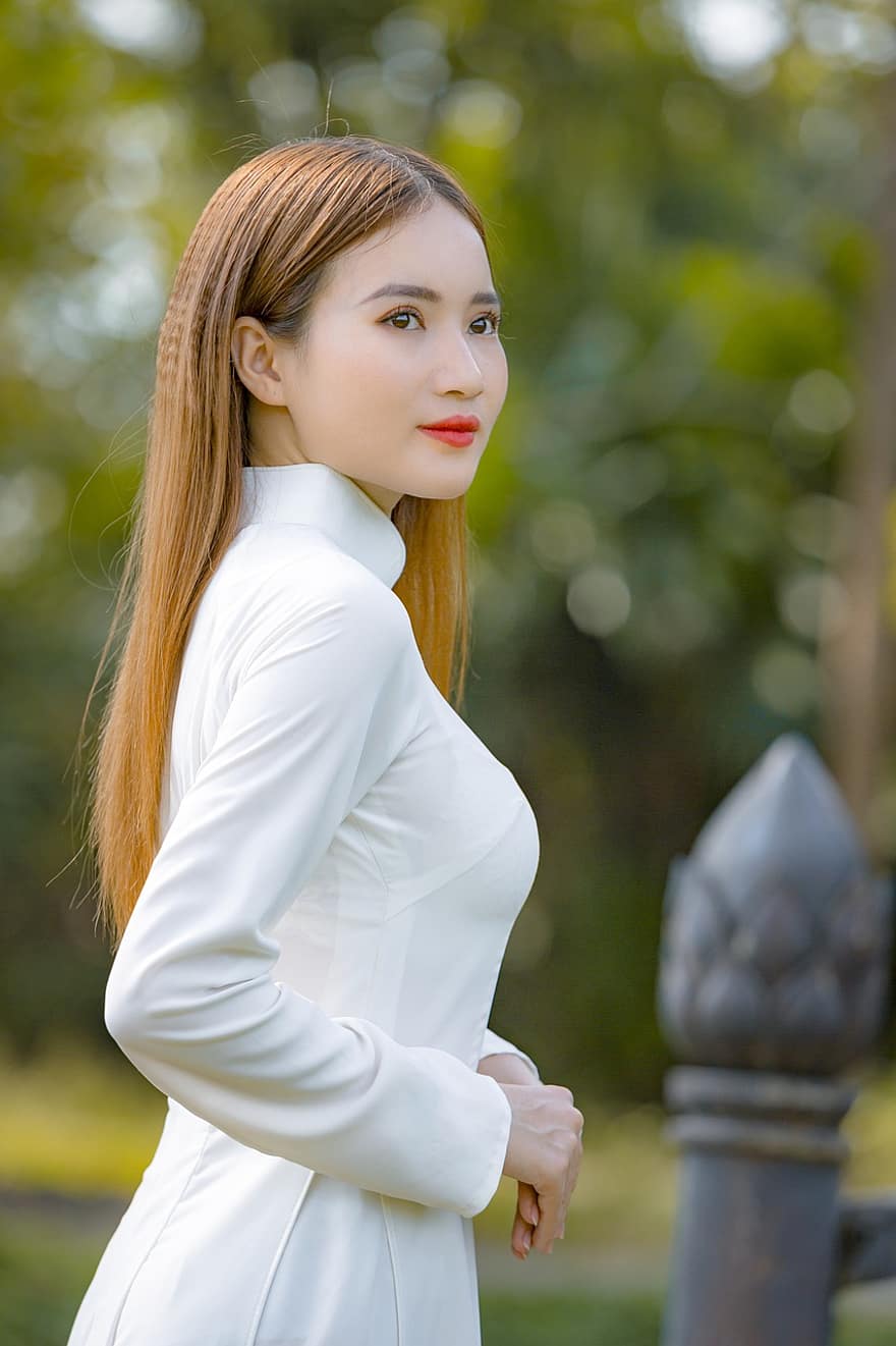 ao dai, Moda, mujer, retrato, Vestido Nacional de Vietnam, sombrero cónico, vestido, tradicional, niña, bonita, actitud
