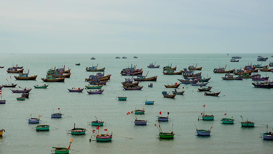 лодки, море, деревни, береговой, Вьетнам, страна