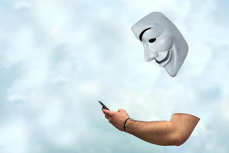 mężczyzna, anonimowy, telefon, maska, ramię, anonimowość, smartfon, telefon komórkowy, technologia