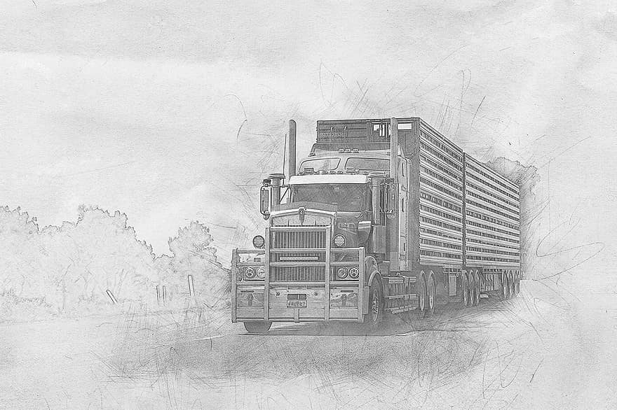 Truck, Semi, Sketch, Draw, Wheels, Transport, Freight, Trailer, Vehicle, Trucking, Transportation