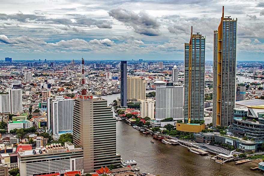Bangkok, kota, sungai, bangunan, panorama, gedung pencakar langit, kaki langit, bertingkat tinggi, Cityscape, pusat kota, metropolis
