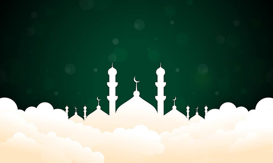 islamique, mosquée, Contexte, fond d'écran, nuage, vert, modèle, religieux, un d, bannière, affiche
