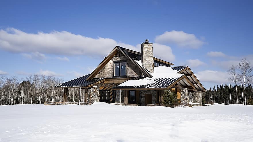 namas, sniegas, žiemą, namai, šalta, šalčio, kabina, architektūra, mediena, stogas, kaimo scenoje