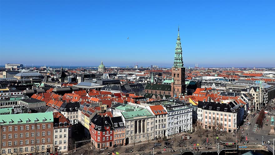 Koppenhága, Dánia, láthatár, város, Európa, Skandinávia, idegenforgalom, városkép, tető, híres hely, építészet