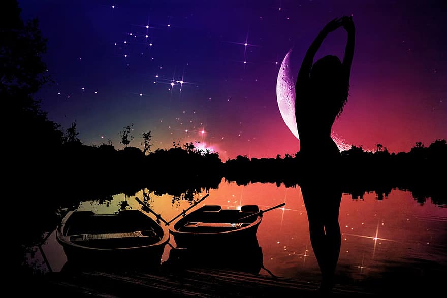 Woman, Silhouette, Night, Moon, Fairytale, Atmospheric, Mood, Lake