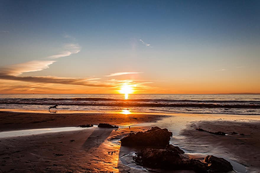plaża, zachód słońca, morze, święta Barbara, USA, Wybrzeże, ocean, krajobraz, Kalifornia