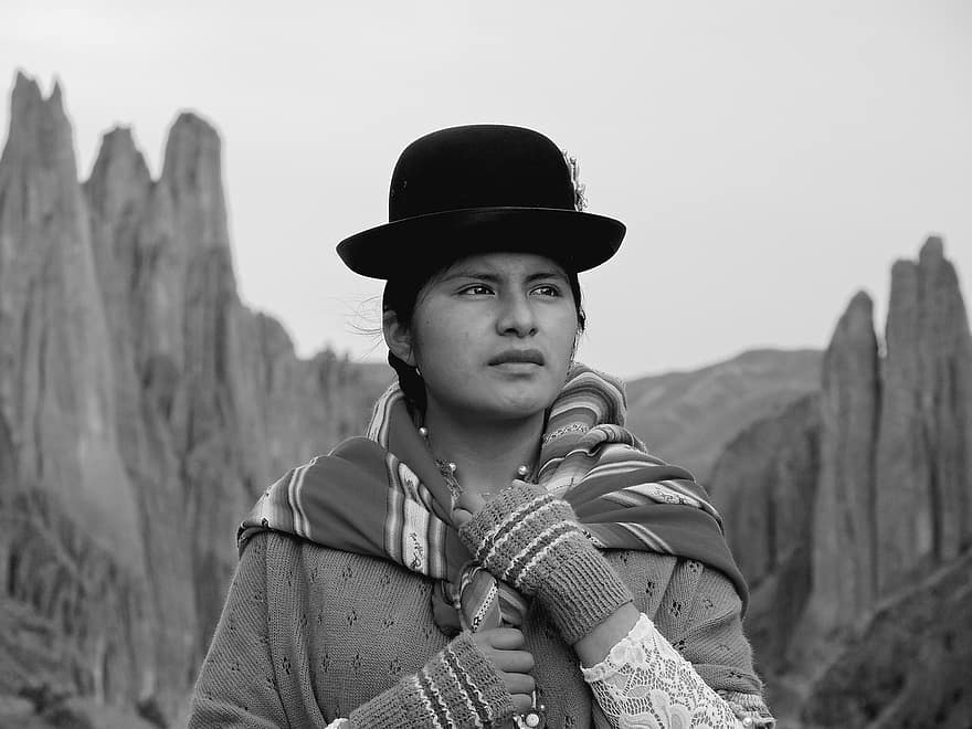 Boliwia, kobieta, na dworze, portret, czarny i biały, kultura