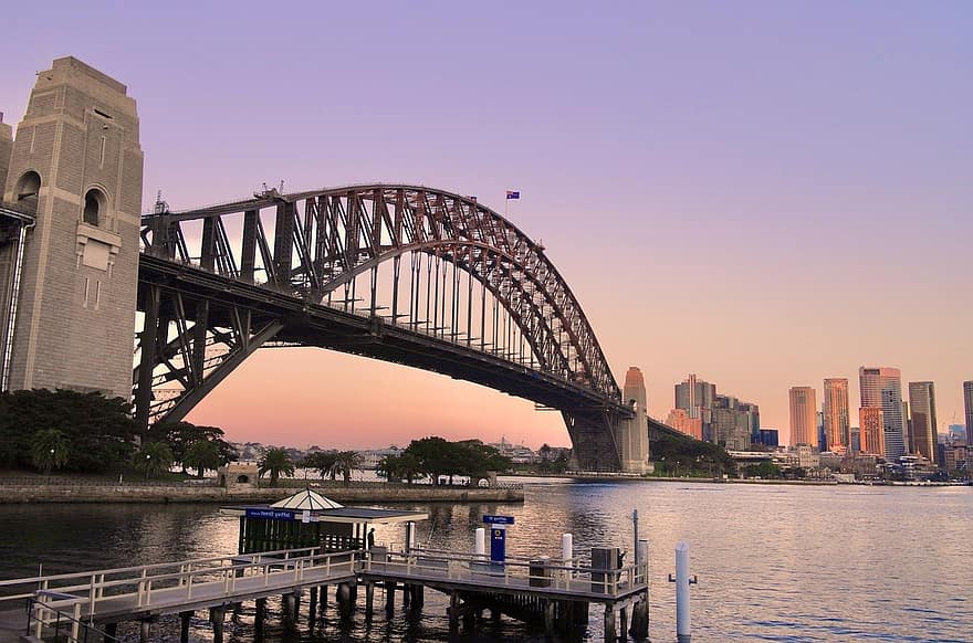 Sydney uosto tiltas, Sydney, orientyras, šiltas, rožinis, oranžinė, gražus, saulėtekis, pobūdį, Australija, Kate Branch