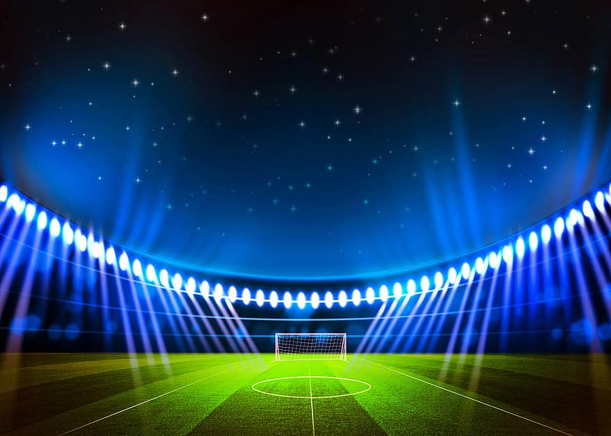 pole, sport, gra, stadion, niebieski, noc, reflektor, piłka nożna, tła, oświetlony, zdarzenie