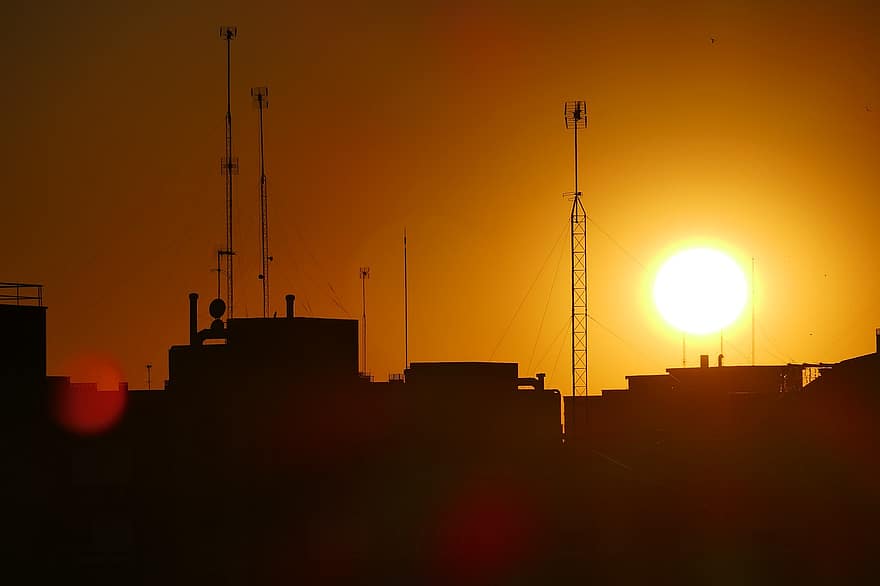 industriell, solnedgang, silhouette, soloppgang, himmel, by