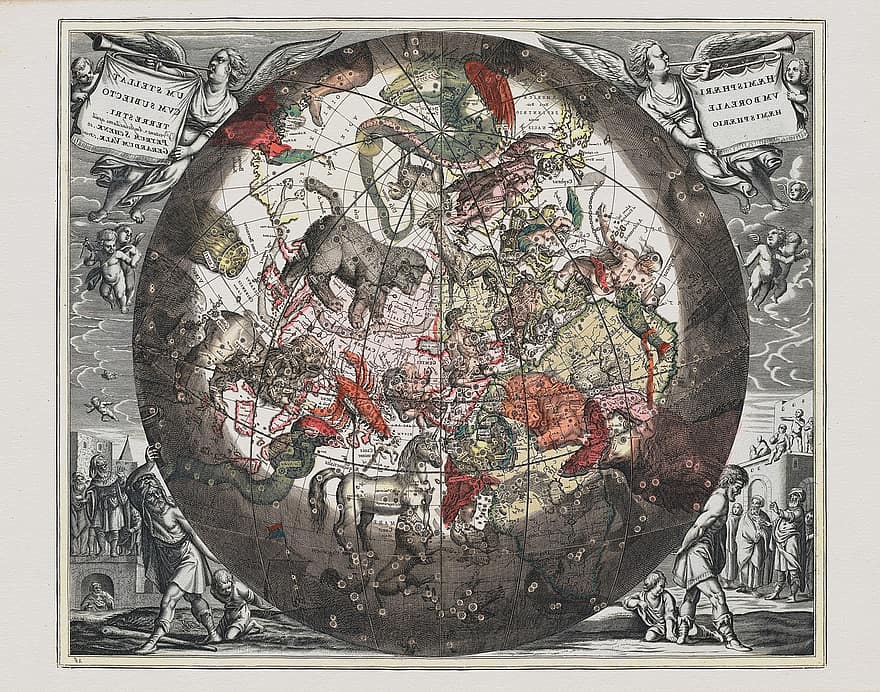 mapa del cielo, constelaciones, del Norte, antiguo, hemisferio, grabado de cobre, Signo de estrella, astrología, zodíaco, esotérico, Pegaso