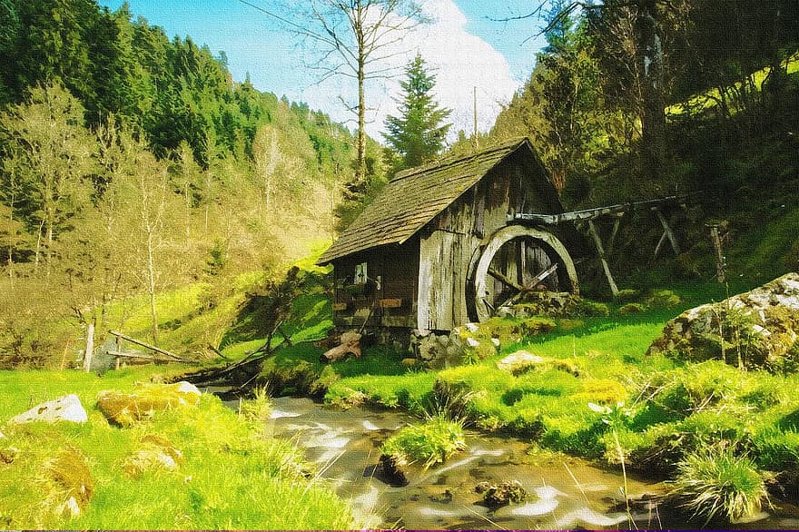 paisatge, aquarel·la, naturalesa, cel, arbres, color, riu, bosc Negre, Alemanya