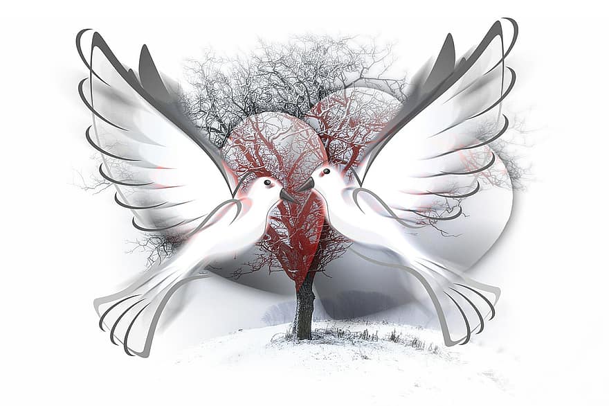평화 비둘기, 평화, 비둘기, 심장, 나무, 칼, 겨울, 실루엣, 애정, 운, 추상
