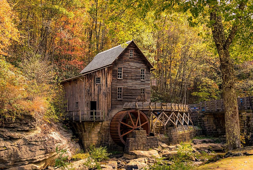 autunno, wv, grist mill, torrente, Babcook, Parco statale, colore, bellezza, alberi