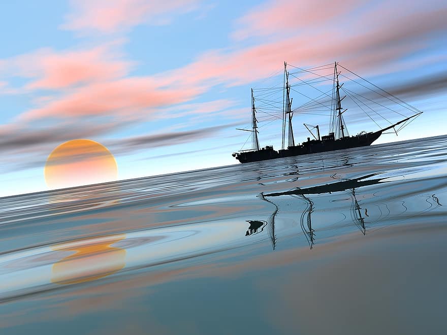 Water, Sea, Sky, Reflection, Nature, Ship, Boat, Sailing Boat, Anchorage, Waves, Tilted Horizon