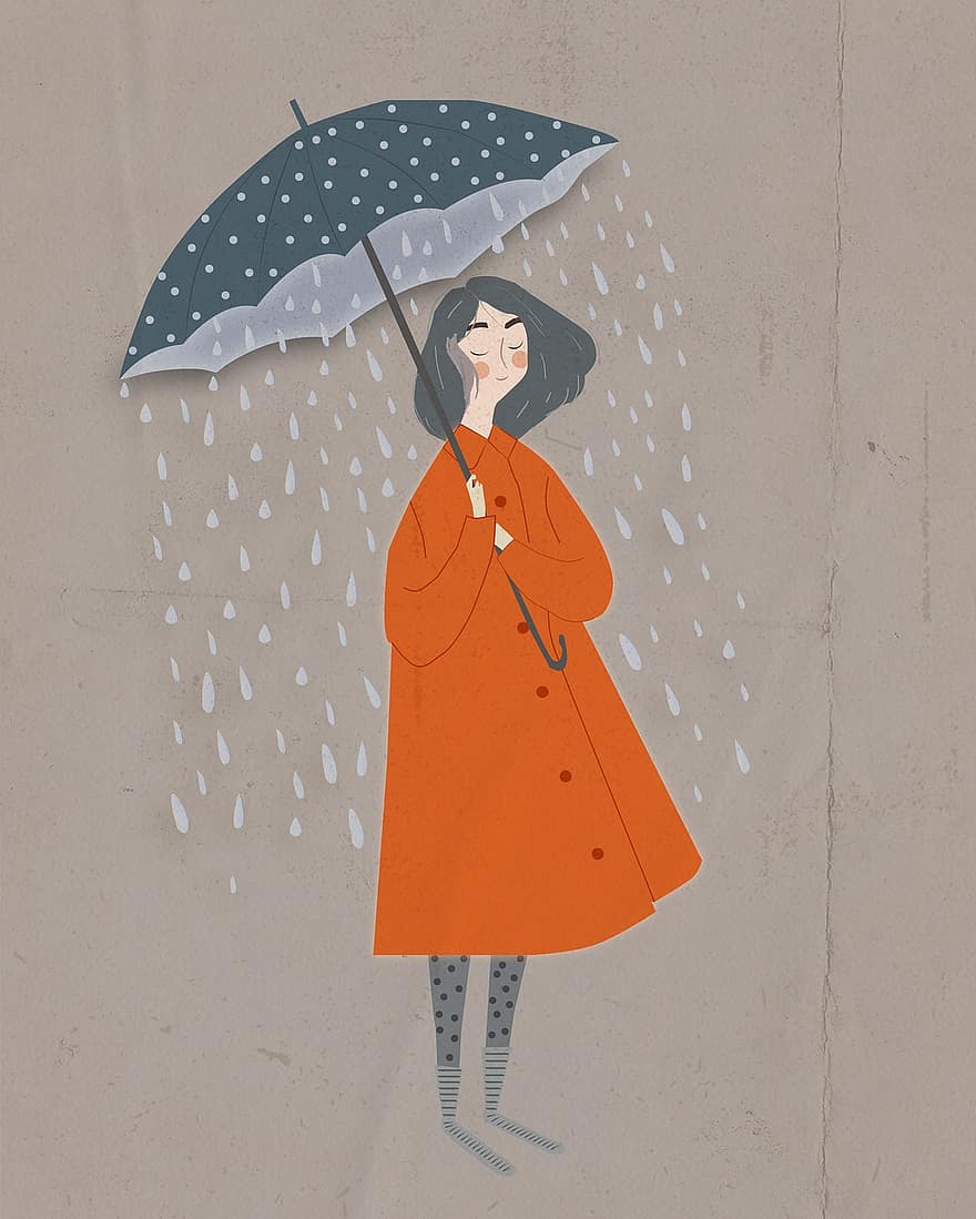 meitene, lietussargs, lietus, slapjš, līst, sieviete, laimīgs, raksturs, laikapstākļi, sievietēm, vektoru