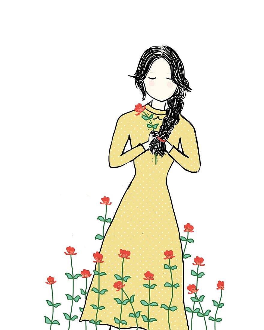 kız, sarı elbise, bahar, kırmızı Çiçekler, rüya görmek, uzun saç, prenses, saç, elbise, genç, kadın