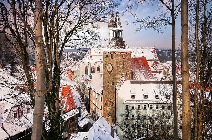 Miestas, sezoną, žiemą, medžiai, bokštas, stogai, landbergas, istorinis