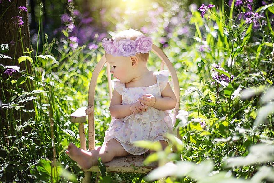 子、赤ちゃん、野の花、座っている、自然、春、椅子、夏、可愛い、幼年期、小さい