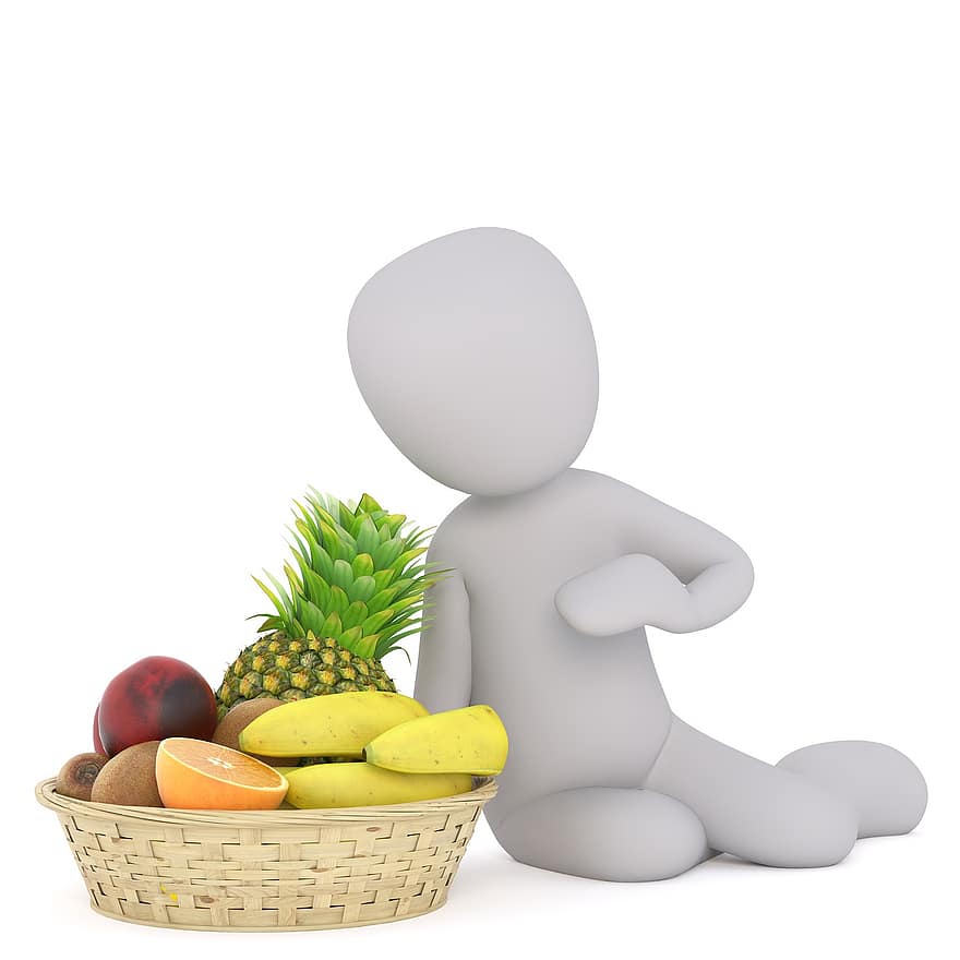 fruit, fruit mand, gezond, vitamine, veganistisch, blanke man, 3d model, geïsoleerd, 3d, model-, volledige lichaam