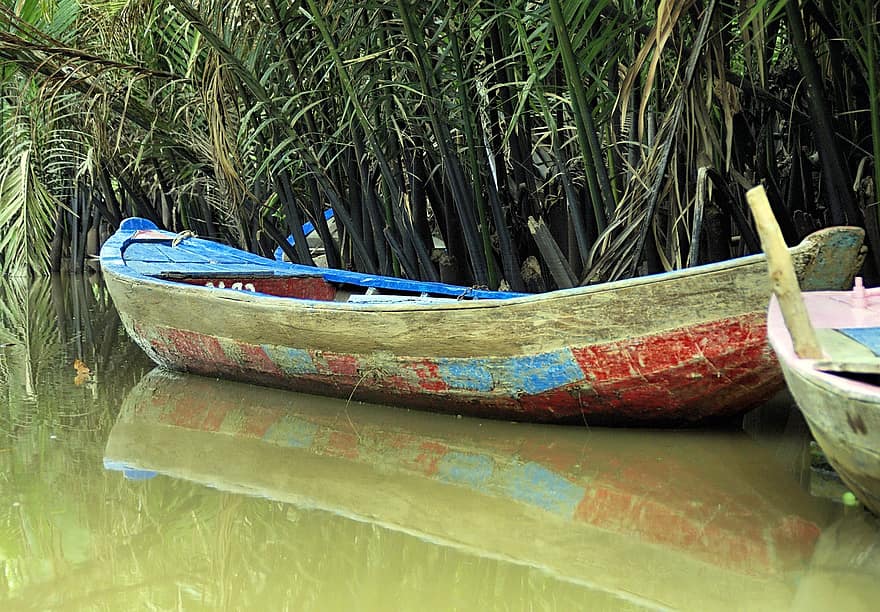 båt, reflexion, lagun, flod, tradition, Bank, gräs