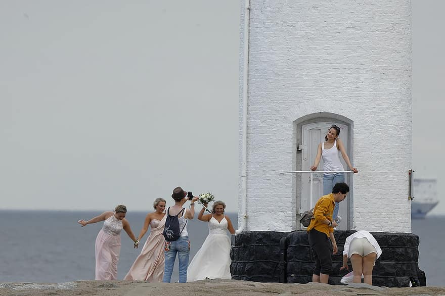 fyrtårn, bryllup, bryllupsfotografering, turister, menneskemængde, hav, ocean