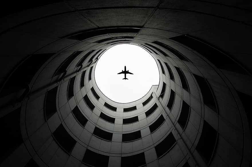 Flugzeug, Garage, die Architektur, Stadt, Düsseldorf, moderne Architektur, Deutschland, Luftfahrzeug, fliegend, Transport, modern