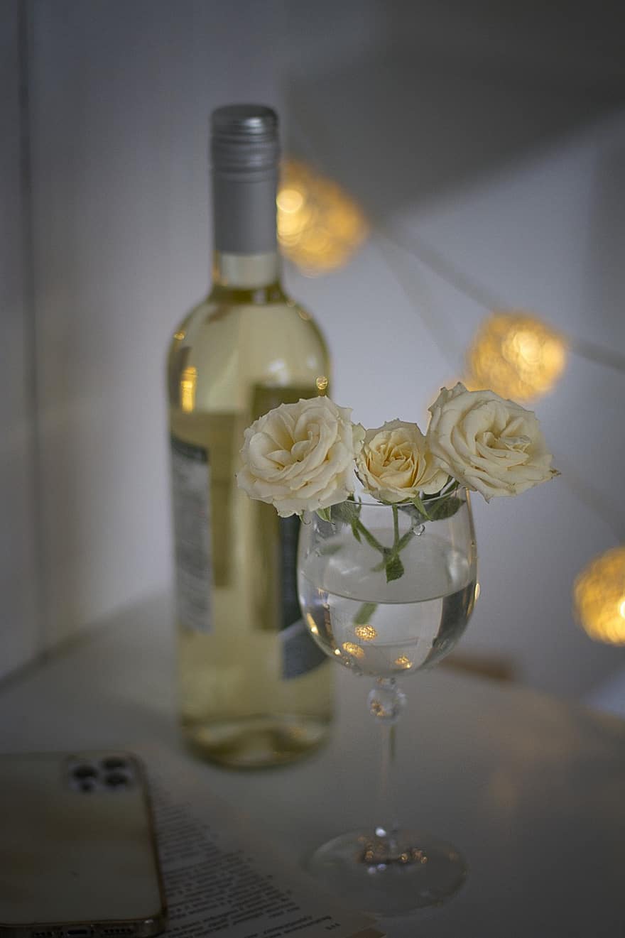 ワイン、ガラス、ローズ、花、水