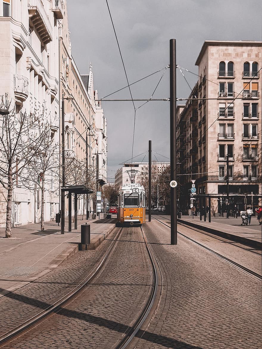 tramvaj, ulice, město, budapešť, silnice, budov, tramvaje, doprava, přeprava, městský, cestovat