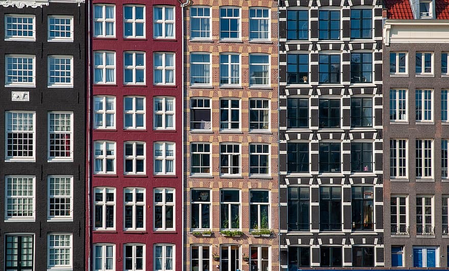 Амстердам, Нидерланды, канальные дома, Голландия, Европа, город, архитектура, окна, здания, дома, Голландский