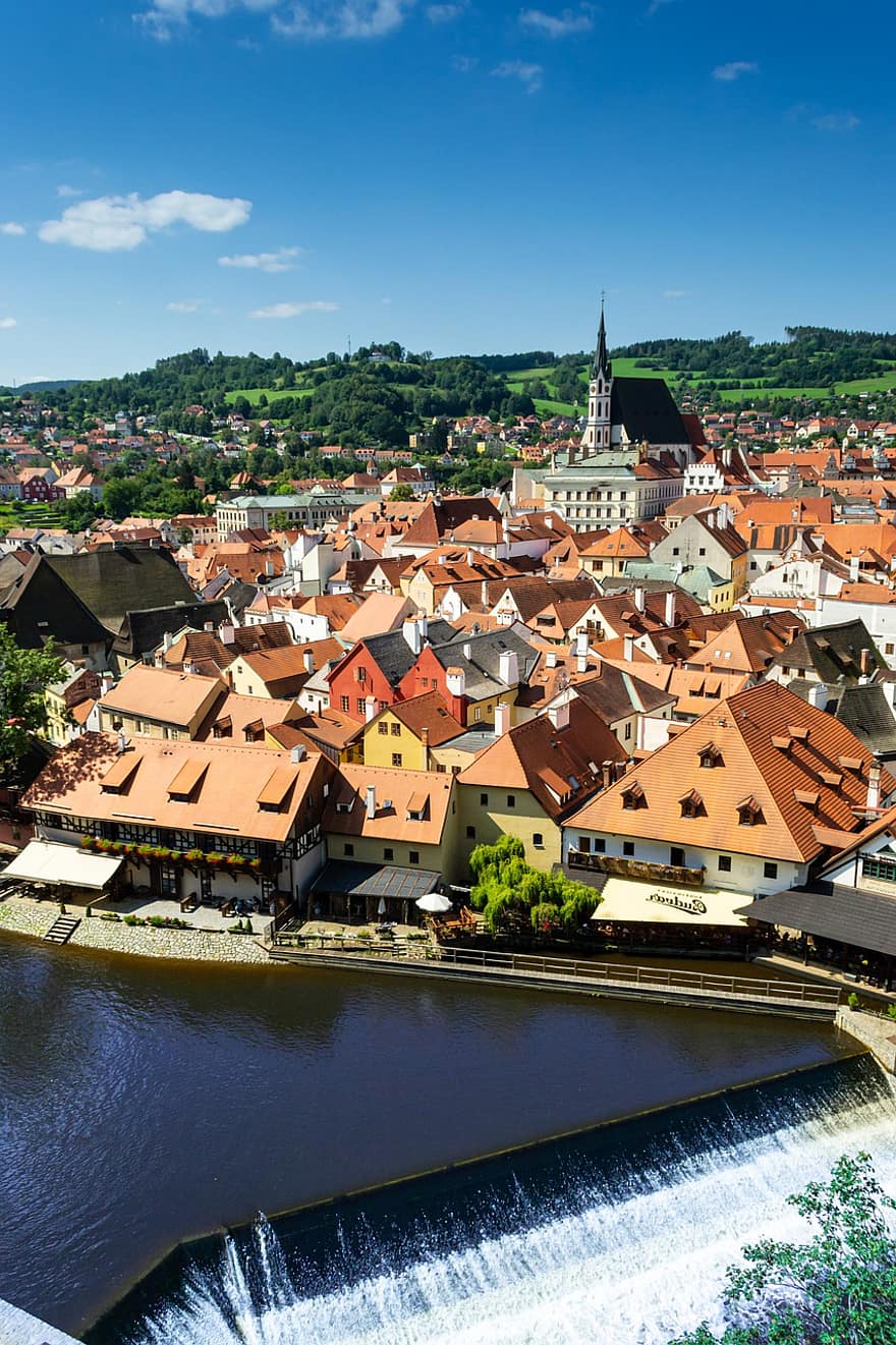 râu, apă, turn, acoperiş, clădiri, case, oraș, arhitectură, istorie, Boemia, medieval