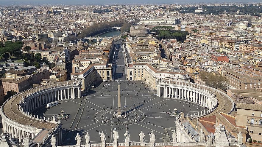 Basilika Santo Petrus, Vatikan, Roma, Italia, eropa, kota, Cityscape, tempat terkenal, Arsitektur, tampak atas, tampilan sudut tinggi