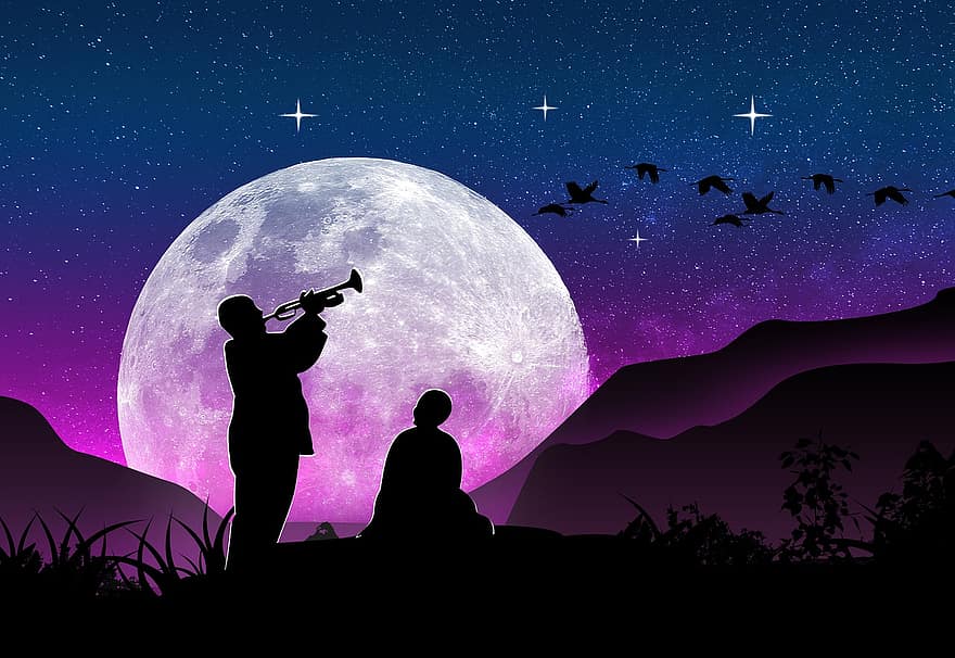 musicien, lune, la nature, silhouette, ciel de nuit, ciel étoilé, étoiles, pleine lune, clair de lune, nuit, personnes