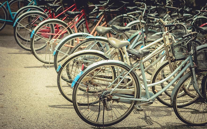 cykel, årgang, gammel, retro, stil, hipster, filter, baggrund, gade, by, sommer