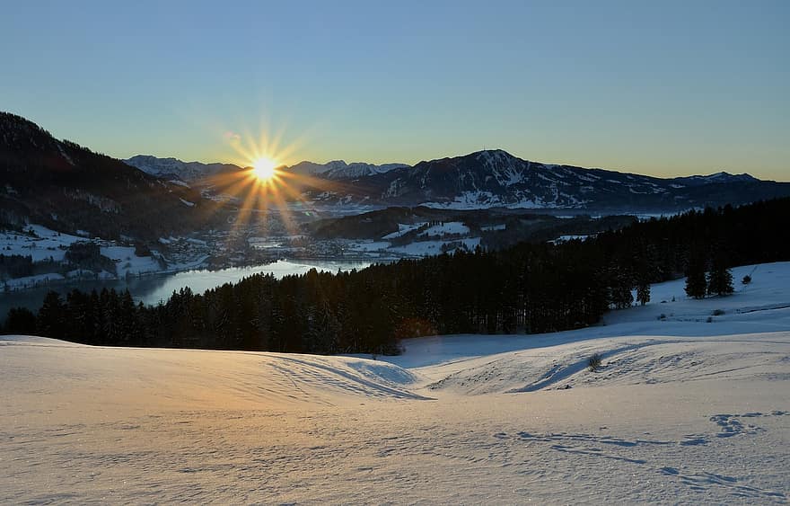冬、雪、日の出、太陽、山岳、霜、コールド、夕暮れ、朝、自然、風景