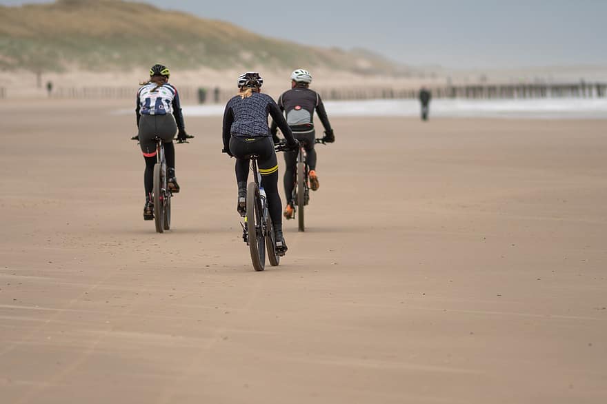 bicicleta, ciclisme, platja, sorra, Costa, vora del mar, ciclistes, bicicleta de muntanya, esports, oci