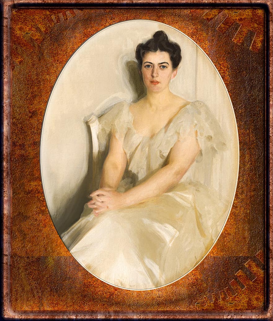 портрет, жена, първа дама, викториански, стиймпънк, ръжда, кадър, метал, античен, живопис с маслени бои, модел