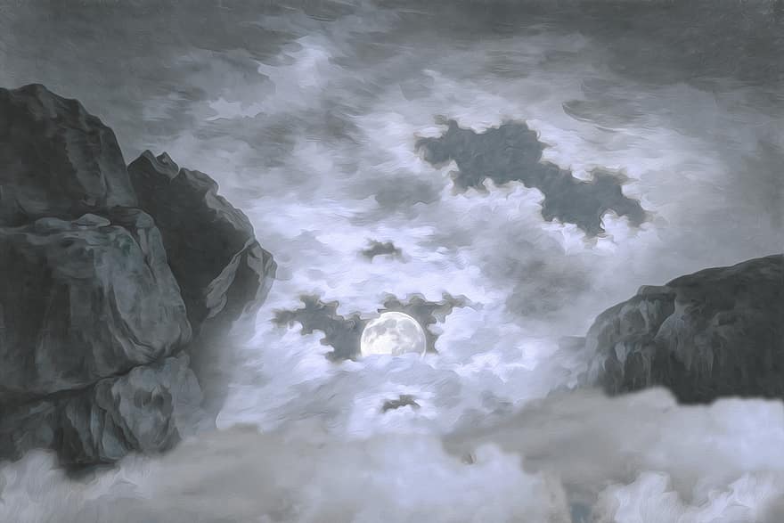 måne, skyer, klipper, bjerge, nat, tåge, scene, fredelig, måneskin, glød, himmelsk