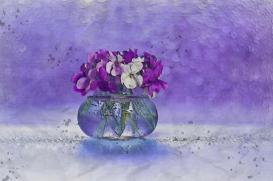 виолетов, малък, цвете, ваза, вода, вътрешен, стъкло, дигитален, изкуство, произведения на изкуството, снимка