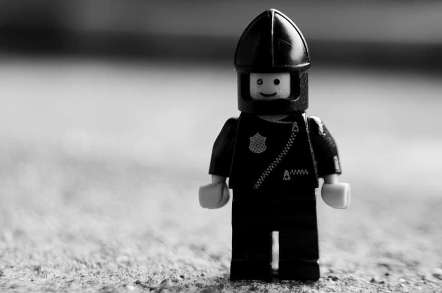 Лего, полиция, игрушка, монохромный, мини фигура, миниатюрный, сотрудник, полицейский, офицер полиции, человек, единообразный